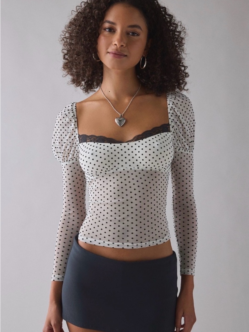 Kimchi Blue White Polka Dot Mesh Long Sleeve Top with Black Lace Trim
